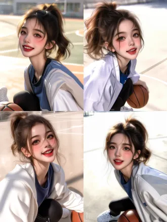 成年亚洲女大学生，棕色高马尾，发丝蓬松有活力，脸型偏小的鹅蛋脸，眉毛自然上扬，眉峰清晰但不过分锐利，圆润明亮的大眼睛，眼神活泼有感染力，眼角微微上扬，睫毛浓密自然，鼻梁挺直，鼻翼小巧，鼻头圆润，嘴角上扬，饱满的珊瑚色嘴唇，笑起来露出整齐洁白的牙齿，面颊带有健康红晕，皮肤自然细腻，充满阳光感，穿白色运动外套、蓝色运动短袖、黑色运动长裤和白色运动鞋，手里拿着篮球，站在大学篮球场边，阳光明亮，微风吹动发丝，充满活力的笑容，青春运动氛围，校园青春电影风，动态姿态，清晰人物轮廓，鲜明自然色彩，高质量人物资产图
