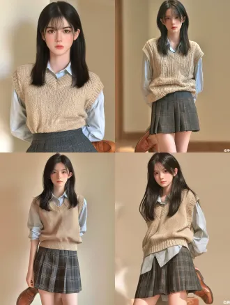 【原文依据】 校园文学社少女，性格安静理性，喜欢阅读，气质清雅。原文未说明具体年龄、五官和服饰。 【设计补全】 补充清秀自然的面部轮廓、乌黑长发和简洁的学院风服饰，突出安静、知性、端庄的校园气质；不增加具体年龄。 【角色定位与氛围】 安静知性的校园文学少女，温和理性，气质清雅，给人沉静可靠、容易亲近的感觉。 【人物面部与发型描述】 少女，脸型柔和秀气，呈小巧鹅蛋形，额头平整饱满；眉毛细长自然，眉形平缓，眉尾微微舒展。眼睛偏圆，眼型柔和，深棕色瞳孔清澈明亮，目光安静专注，睫毛纤细分明。鼻梁秀气平直，鼻头小巧圆润，鼻翼线条柔和；嘴唇薄厚适中，唇峰清晰，唇色自然，嘴角轻轻上扬，神情温和沉静。下巴小巧圆润，耳廓线条柔和，耳垂小巧自然，肤色白皙清透。乌黑色长直发，发质柔顺细腻，发尾整齐自然，额前留轻薄齐刘海，两侧发丝顺着脸颊垂落。穿米白色针织背心、浅蓝色衬衫、深灰色格纹半身裙和棕色乐福鞋，整体配色柔和简洁，呈现清雅知性的校园形象。