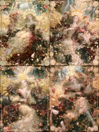 极繁主义插画，高级插画风，塔罗牌构图，视角为低角度仰视，镜头从下往上仰拍，突出少女女皇的神圣威严与神性光环。精致立体的少女面容，冷脸，五官立体柔和，清澈眼眸、小巧挺鼻、粉嫩唇瓣，肌肤白皙透亮，金色长发如瀑布般垂落肩头，头戴十二星冠，每颗星都散发柔和金光。她优雅的坐在华丽宝座上，宝座雕刻维纳斯符号、玫瑰纹、葡萄藤与繁复花纹，右手持金星权杖，权杖顶端金星闪耀，身着华美长裙，层叠蕾丝与丝绸，色彩为深红、金色、墨绿交织，裙摆铺展如花海，裙面布满精细刺绣与宝石镶嵌。背景是金色麦浪、翠绿森林、远处瀑布倾泻，阳光从云层洒下形成圣光光束，空气中漂浮金色光尘、玫瑰花瓣、麦穗、葡萄串、星星碎片。画面四周环绕塔罗牌式华丽边框，刻有炼金符号与植物纹样，四角点缀玫瑰、麦穗、星星、新月。极繁华丽，细节丰富，唯美日系插画感，画面生动有张力，拒绝呆板。色彩浓郁饱满，深红、金色、墨绿、奶白为主，光影对比强烈，视觉冲击力强。画面充满童话故事性梦幻的配色，厚涂质感，唯美漫画，氛围光感，密集装饰，满构图，通透柔光，水彩质感，极致的细节，多条辅助线构图，多层次的构图，极繁主义构图，画面充满故事感和互动感，梦幻童话氛围，柔和温暖光线，8k，不要出现畸形的四肢，不要出现畸形的手，