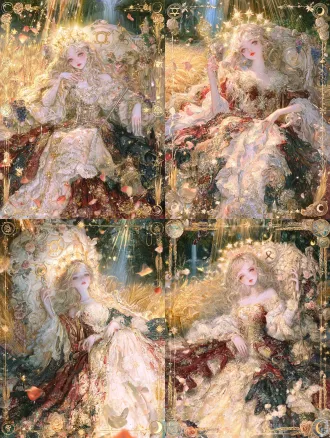 极繁主义插画，高级插画风，塔罗牌女皇，视角为低角度仰视，镜头从下往上仰拍，突出少女女皇的神圣威严与神性光环。精致立体的少女面容，冷脸，五官立体柔和，清澈眼眸、小巧挺鼻、粉嫩唇瓣，肌肤白皙透亮，金色长发如瀑布般垂落肩头，头戴十二星冠，每颗星都散发柔和金光。她优雅的坐在华丽宝座上，宝座雕刻维纳斯符号、玫瑰纹、葡萄藤与繁复花纹，右手持金星权杖，另一只手自然搭在裙摆上，权杖顶端金星闪耀，身着华美长裙，层叠蕾丝与丝绸，色彩为深红、金色、墨绿交织，裙摆铺展如花海，裙面布满精细刺绣与宝石镶嵌。背景是金色麦浪、翠绿森林、远处瀑布倾泻，阳光从云层洒下形成圣光光束，空气中漂浮金色光尘、玫瑰花瓣、麦穗、葡萄串、星星碎片。画面四周环绕塔罗牌式华丽边框，刻有炼金符号与植物纹样，四角点缀玫瑰、麦穗、星星、新月。极繁华丽，细节丰富，唯美日系插画感，画面生动有张力，拒绝呆板。色彩浓郁饱满，深红、金色、墨绿、奶白为主，光影对比强烈，视觉冲击力强。画面充满童话故事性梦幻的配色，厚涂质感，唯美漫画，氛围光感，密集装饰，满构图，通透柔光，水彩质感，极致的细节，多条辅助线构图，多层次的构图，极繁主义构图，画面充满故事感和互动感，梦幻童话氛围，柔和温暖光线，8k，不要出现畸形的四肢，不要出现畸形的手，