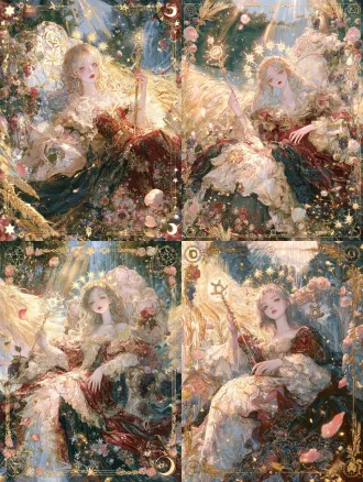 极繁主义插画，高级插画风，塔罗牌女皇，视角为低角度仰视，镜头从下往上仰拍，突出少女女皇的神圣威严与神性光环。精致立体的少女面容，冷脸，五官立体柔和，清澈眼眸、小巧挺鼻、粉嫩唇瓣，肌肤白皙透亮，金色长发如瀑布般垂落肩头，头戴十二星冠，每颗星都散发柔和金光。她优雅的坐在华丽宝座上，宝座雕刻维纳斯符号、玫瑰纹、葡萄藤与繁复花纹，右手持金星权杖，另一只手自然搭在裙摆上，权杖顶端金星闪耀，身着华美长裙，层叠蕾丝与丝绸，色彩为深红、金色、墨绿交织，裙摆铺展如花海，裙面布满精细刺绣与宝石镶嵌。背景是金色麦浪、翠绿森林、远处瀑布倾泻，阳光从云层洒下形成圣光光束，空气中漂浮金色光尘、玫瑰花瓣、麦穗、葡萄串、星星碎片。画面四周环绕塔罗牌式华丽边框，刻有炼金符号与植物纹样，四角点缀玫瑰、麦穗、星星、新月。极繁华丽，细节丰富，唯美日系插画感，画面生动有张力，拒绝呆板。色彩浓郁饱满，深红、金色、墨绿、奶白为主，光影对比强烈，视觉冲击力强。画面充满童话故事性梦幻的配色，厚涂质感，唯美漫画，氛围光感，密集装饰，满构图，通透柔光，水彩质感，极致的细节，多条辅助线构图，多层次的构图，极繁主义构图，画面充满故事感和互动感，梦幻童话氛围，柔和温暖光线，8k，不要出现畸形的四肢，不要出现畸形的手，