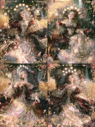 极繁主义插画，高级cg插画风，塔罗牌女皇，正面打光，视角为低角度仰视，镜头从下往上仰拍，突出少女女皇的神圣威严与神性光环。精致立体的少女面容，冷脸，五官立体柔和，睫毛反光，清澈眼眸、小巧挺鼻、粉嫩唇瓣，肌肤白皙透亮，金色长发如瀑布般垂落肩头，头戴十二星冠，每颗星都散发柔和金光。她优雅的侧身坐在华丽宝座上，宝座雕刻维纳斯符号、玫瑰纹、葡萄藤与繁复花纹，右手持金星权杖，另一只手自然搭在裙摆上，权杖顶端金星闪耀，身着华美长裙，层叠蕾丝与丝绸，色彩为深红、金色、墨绿交织，裙摆铺展如花海，裙面布满精细刺绣与宝石镶嵌。背景是金色麦浪、翠绿森林、远处瀑布倾泻，正面柔和主光照亮面部，，空气中漂浮金色光尘、玫瑰花瓣、麦穗、葡萄串、星星碎片。四角点缀玫瑰、麦穗、星星、新月。极繁华丽，细节丰富，唯美日系插画感，画面充满童话故事性梦幻的配色，厚涂质感，唯美漫画，氛围光感，密集装饰，满构图，通透柔光，水彩质感，极致的细节，多条辅助线构图，多层次的构图，极繁主义构图，画面充满故事感和互动感，梦幻童话氛围，柔和温暖光线，8k，不要出现畸形的四肢，不要出现畸形的手，