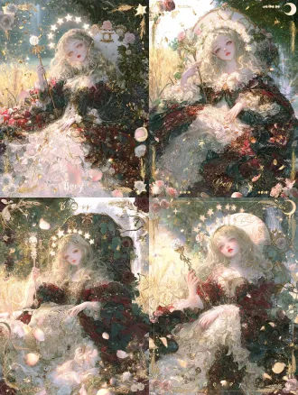 极繁主义插画，高级cg插画风，塔罗牌女皇，正面打光，视角为低角度仰视，镜头从下往上仰拍，突出少女女皇的神圣威严与神性光环。精致立体的少女面容，冷脸，五官立体柔和，睫毛反光，清澈眼眸、小巧挺鼻、粉嫩唇瓣，肌肤白皙透亮，金色长发如瀑布般垂落肩头，头戴十二星冠，每颗星都散发柔和金光。她优雅的侧身坐在华丽宝座上，宝座雕刻维纳斯符号、玫瑰纹、葡萄藤与繁复花纹，右手持金星权杖，另一只手自然搭在裙摆上，权杖顶端金星闪耀，身着华美长裙，层叠蕾丝与丝绸，色彩为深红、金色、墨绿交织，裙摆铺展如花海，裙面布满精细刺绣与宝石镶嵌。背景是金色麦浪、翠绿森林、远处瀑布倾泻，正面柔和主光照亮面部，，空气中漂浮金色光尘、玫瑰花瓣、麦穗、葡萄串、星星碎片。四角点缀玫瑰、麦穗、星星、新月。极繁华丽，细节丰富，唯美日系插画感，画面充满童话故事性梦幻的配色，厚涂质感，唯美漫画，氛围光感，密集装饰，满构图，通透柔光，水彩质感，极致的细节，多条辅助线构图，多层次的构图，极繁主义构图，画面充满故事感和互动感，梦幻童话氛围，柔和温暖光线，8k，不要出现畸形的四肢，不要出现畸形的手，