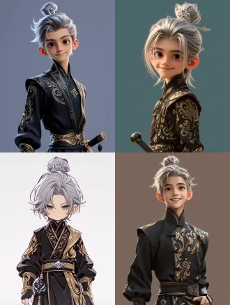 a 3d animated chinese fantasy young swordsman, clear and handsome boyish face, bright dark-brown eyes, relaxed and curious expression, easygoing smile, silver hair tied up in a high crown bun with an ornate silver hairpin, wearing a black martial arts outfit with gold trim patterns, a black jade token hanging at his waist, right hand hanging loosely at his side, front-facing close-up portrait, youthful and clean atmosphere, xianni-style national 3d animation rendering, intricate fabric details, cinematic lighting, high poly, pbr texture, octane render, 8k, ultra detailed
