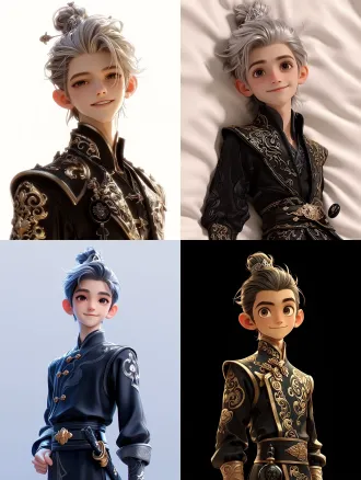 a 3d animated chinese fantasy young swordsman, clear and handsome boyish face, bright dark-brown eyes, relaxed and curious expression, easygoing smile, silver hair tied up in a high crown bun with an ornate silver hairpin, wearing a black martial arts outfit with gold trim patterns, a black jade token hanging at his waist, right hand hanging loosely at his side, front-facing close-up portrait, youthful and clean atmosphere, xianni-style national 3d animation rendering, intricate fabric details, cinematic lighting, high poly, pbr texture, octane render, 8k, ultra detailed