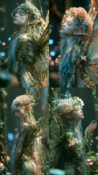 清冷绣球花精灵少女立林间，尖耳冷白皮垂眼，雾蓝紫渐变长发，绣球头饰薄纱裙，蝉翼翅膀缠藤蔓，9:16竖版，8k octane渲染，电影柔光体积雾，lumen全局光照，sss皮肤pbr材质，24fps，雨后漫射光，蓝粉光点，暗调朦胧，低对比度。