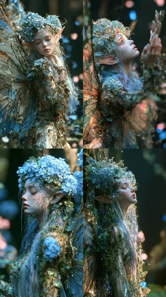清冷绣球花精灵少女立林间，尖耳冷白皮垂眼，雾蓝紫渐变长发，绣球头饰薄纱裙，蝉翼翅膀缠藤蔓，9:16竖版，8k octane渲染，电影柔光体积雾，lumen全局光照，sss皮肤pbr材质，24fps，雨后漫射光，蓝粉光点，暗调朦胧，低对比度。