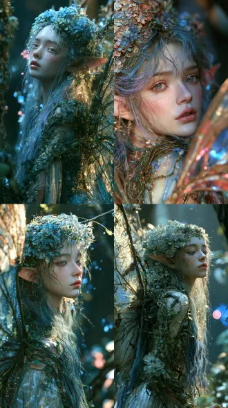 清冷绣球花精灵少女立林间，尖耳冷白皮垂眼，雾蓝紫渐变长发，绣球头饰薄纱裙，蝉翼翅膀缠藤蔓，9:16竖版，8k octane渲染，电影柔光体积雾，lumen全局光照，sss皮肤pbr材质，24fps，雨后漫射光，蓝粉光点，暗调朦胧，低对比度