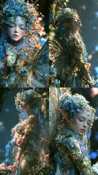 清冷绣球花精灵少女立林间，尖耳冷白皮垂眼，雾蓝紫渐变长发，绣球头饰薄纱裙，蝉翼翅膀缠藤蔓，9:16竖版，8k octane渲染，电影柔光体积雾，lumen全局光照，sss皮肤pbr材质，24fps，雨后漫射光，蓝粉光点，暗调朦胧，低对比度
