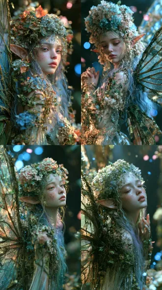清冷绣球花精灵少女立林间，尖耳冷白皮垂眼，雾蓝紫渐变长发，绣球头饰薄纱裙，蝉翼翅膀缠藤蔓，9:16竖版，8k octane渲染，电影柔光体积雾，lumen全局光照，sss皮肤pbr材质，24fps，雨后漫射光，蓝粉光点，暗调朦胧，低对比度