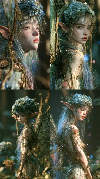 清冷绣球花精灵少女立林间，尖耳冷白皮垂眼，雾蓝紫渐变长发，绣球头饰薄纱裙，蝉翼翅膀缠藤蔓，9:16竖版，8k octane渲染，电影柔光体积雾，lumen全局光照，sss皮肤pbr材质，24fps，雨后漫射光，蓝粉光点，暗调朦胧，低对比度。