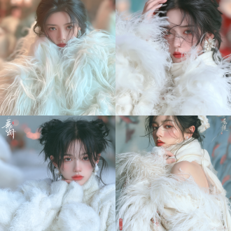 中国年轻漂亮女孩，穿着毛绒绒的衣服，