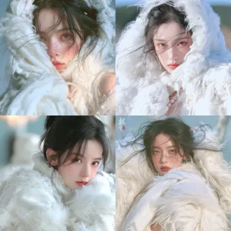 中国年轻漂亮女孩，穿着毛绒绒的衣服，