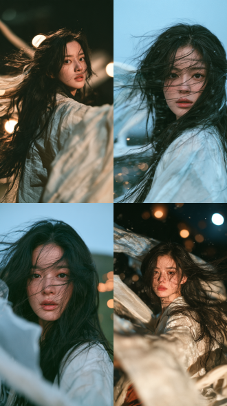 stunning young chinese girl, immortal lady, soft smile, long flowing black hair, light translucent white hanfu, silk ribbon floating in wind, mountain cloud valley, glowing fireflies, soft moonlight, ancient chinese fantasy aesthetic, dreamy bokeh, soft glow, cinematic, photorealistic, portrait