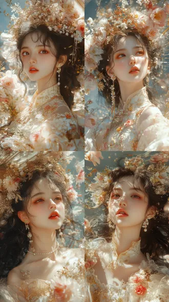 华丽国风少女，居中构图，浅蓝天背景，漂浮花间，繁复金色头冠，蓬松长卷发，温润五官，垂坠珍珠耳饰，重工刺绣古风裙，鎏金雕花薄纱飘带，金色油纸伞，半透明花瓣环绕，金色逆光，丁达尔光束，浅暖色调，景深虚化，油画质感，梦幻仙女感，8k超细节