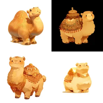 年轻化丝路骆驼ip形象，居中构图，敦煌纹样元素，暖金驼色，圆润萌态，微笑亲和，国风肌理，当代潮酷，柔光打光，85mm定焦镜头，高清晰度，文化氛围感