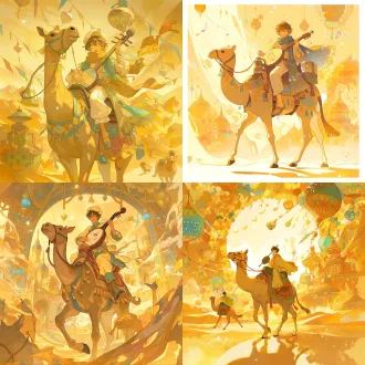 丝路骆驼ip，中心构图，敦煌戈壁，暖金配色，定焦镜头，漫射柔光，驮琵琶迈步，灵动亲和，飘丝路文化符号，国风创意，高辨识度。