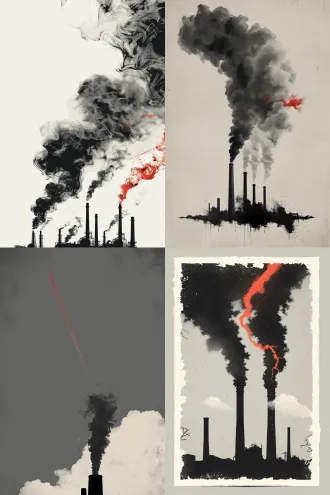 minimalist ecological protection poster, trilogy part 3, centered black industrial factory chimneys at the bottom of the frame, thick dark smoke plumes rise upward and erode the pale gray sky, natural white clouds inside the smoke are dissolving and fading away, a single bright red atmospheric circulation line is cut off by the industrial smoke, large negative space above, flat graphic design, clean edges, black dark gray off-white and red palette, consistent visual style with the series, strong symbolic meaning of atmospheric pollution, professional poster, no realistic texture, no extra details
