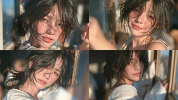 斜扎马尾少女，慵懒活泼，靠窗歪坐，浅软休闲穿搭，50mm定焦镜头，午后漫射柔光，发梢轻晃，软萌笑意，马卡龙柔色，松弛治愈。