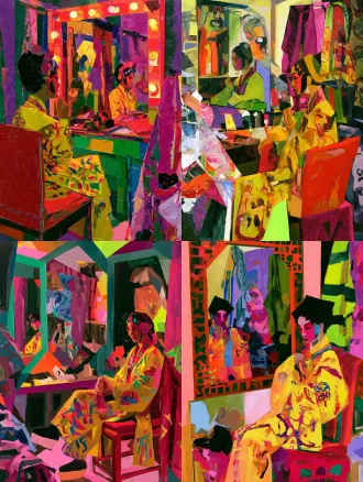 prompt: mixed media oil painting, chinese opera dressing room scene. bright, neon-like non-naturalistic colors. geometric perspective, the background mirror reflects the scene with distorted, colorful shapes. a performer in a yellow costume with abstract patterns sitting on a red chair. bold use of magenta, bright green and yellow. rough, vigorous brushwork, collage-like texture, modern and contemporary art style, narrative of backstage life