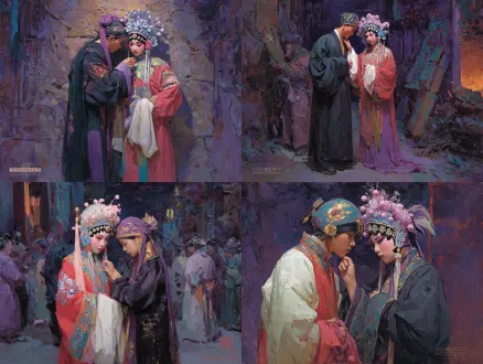 academic oil painting, two figures in a dim peking opera backstage, one young opera actress in red costume and elaborate headdress standing quietly, another female dresser in dark traditional robe adjusting her collar and robe, solemn and intimate atmosphere, the quiet inheritance of traditional chinese opera, profound spiritual connotation, not a superficial portrait, dramatic warm rim light, dark earthy palette, rough thick impasto brushwork, monumental vertical composition, museum and national exhibition style, two figures only, no extra characters