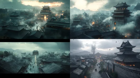 cinematic environment concept art of a futuristic pingyao ancient city in shanxi, china, an eastern hard science fiction civilization built upon authentic traditional chinese architecture. monumental historic grey-brick city walls, recognizable ancient gate towers, traditional timber buildings, layered grey tiled roofs, organized courtyard blocks and narrow historic streets. preserve the authentic urban morphology and architectural proportions of pingyao. the ancient defensive wall evolves into a colossal precision-engineered structural system, subtle mechanical reinforcement beneath weathered masonry, articulated dougong-inspired structural joints, modular infrastructure integrated into historic streets, restrained golden energy conduits connecting traditional merchant houses inspired by shanxi's historic draft banks. immense atmospheric depth, towering storm clouds, distant mountains, mysterious celestial light breaking through the clouds, a few tiny flying vehicles for scale, ancient civilization awakening in a distant future. monumental scale, mysterious and solemn atmosphere, sophisticated architectural worldbuilding, physically based materials, realistic aged brick and timber textures, cinematic volumetric lighting, atmospheric perspective, carefully controlled amber gold and muted teal highlights, dramatic wide establishing shot, elevated three-quarter aerial camera, strong foreground midground background separation, ultra-detailed architectural environment, photorealistic 3d rendering, unreal engine 5 quality, feature film production design, 16:9 widescreen composition, no typography, no watermark.