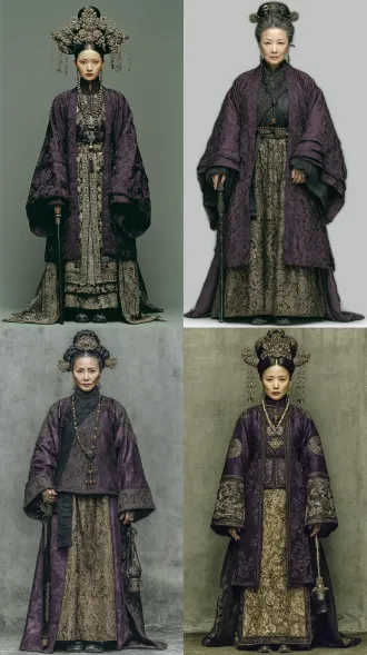 53岁中国古代豪门老夫人周氏，真实东亚中老年女性面孔，方圆脸，宽额头，高颧骨，深棕色细长眼睛，明显法令纹，薄唇，黑发掺杂银丝，盘成端正高髻，佩戴厚重金质点翠发饰。身穿绛紫色织金团花交领长袄，外披黑色缎面披肩，下穿乌金色暗纹长裙，黑色绣花布鞋。右手握雕花黑漆拐杖，左手戴翡翠戒指，神情傲慢威严。单人完整全身站姿，发髻至鞋底全部可见，四肢完整，腿部视觉比例60%，暖灰白背景留白，电影级柔光，真实中年皮肤皱纹和织锦材质，超写实人物摄影，8k级细节，2:3竖版，无过度年轻化、无动漫、无裁切。超现实主义照片，真实的人，写实主义，真实的东亚面孔，深色细长的眼睛，冷静凉爽的面部表情，长长的直发，淡光的妆容，自然的皮肤质地，可见细微的皮肤毛孔，细腻的面部骨骼结构。站在柔和的环境中，柔和的侧面照明，电影般的柔和阴影，用单反相机拍摄，自然色彩，原始照片风格，无重滤镜，无动漫，无绘画，8k，细节丰富
