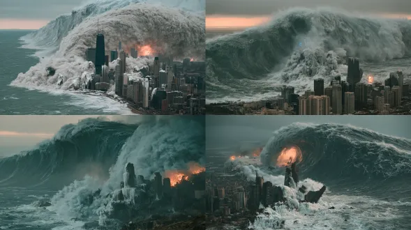 epic extreme overhead wide shot, huge frigid tsunami, surging flowing seawater is the main body, not solid ice, rushing toward a modern coastal city, towering wave takes up two-thirds of the frame, crashing and knocking down skyscrapers, turbulent churning seawater, only splashes and contact surfaces hitting buildings freeze instantly, thin frost and icicles form on wreckage, lead-gray low overcast sky, heavy snow, collapsing city ruins. cinematic disaster lighting, cold gray-blue tone, faint dark blue glow on spray and thin ice, subtle warm orange glow from distant explosions, backlight behind the tsunami, huge negative space, strong depth of field, clean composition. ultra realistic, 8k, razor sharp, no noise, no grain. single complete shot, one scene only, no grid, no four-panel collage, no split screen, no solid ice mountain, no glacier, no thick frozen ice wall, no people, no text, no watermark, no logo