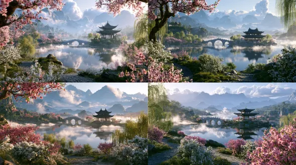 次世代高精度3d cg渲染，pbr物理材质，虚幻引擎5路径追踪，8k超高细节，电影级静帧，柔和漫射天光，清晨山间薄雾，国风仙湖秘境。画面俯视视角，前景盛放大片艳粉色桃花树、白色海棠花树，嫩绿色垂柳，蜿蜒青石板小径穿梭花间；中景平静雾湖，湖面氤氲白茫茫雾气，一座古典三拱石拱桥横跨湖面，湖心小岛坐落一座双层重檐中式古楼阁，黑瓦飞檐；远景连绵淡青色山峦，山间云海翻涌，湖面清晰倒映拱桥、楼阁与花树。花草枝叶纹理真实，树皮、石板、石材、湖水、雾气材质区分清晰，空气体积雾，柔和丁达尔光，画面层次丰富，空灵治愈的东方仙境氛围，浅景深，构图舒展宏大。 负面提示词 卡通，二次元，手绘插画，q版，畸形建筑，扭曲桥梁，杂乱线条，塑料质感，低模，粗糙模糊，现代楼房，电线，车辆，人物，文字，水印，刺眼强光，暗黑色调，脏污画面