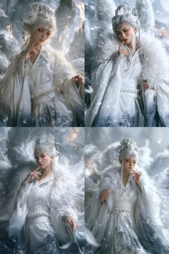 chinese nine-tailed fox female humanoid, young woman, shan hai jing mythical beast theme, front view half-body character design, flying immortal triple-ring high bun with white jade fox mask hairpin, nine silver-white hair strands falling from bun each ending in a small silver bell symbolizing nine tails, two strands of side hair falling to chest, foxy eye makeup with golden-brown eyeshadow blending to temples, upward eyeliner, amber vertical-slit pupils, pale cinnabar lips with naturally upturned corners, silver fox pattern forehead ornament, moon-white cross-collar wide-sleeve robe closed neckline with silver fox tail embroidery on collar, silver thread cuffs, silver-white wide belt with nine white jade rings, robe gradient from moon white to blue-grey, skirt with qingqiu mountain pattern, right hand raised with index finger touching chin other fingers slightly curled like fox claws, left hand at side touching sleeve edge, head slightly tilted with sidelong glance, misty qingqiu mountain background, floating silver fox tail shadows, spirit flames, qingqiu mountain petals, moon white silver blue-grey amber palette, cinematic, ethereal and beastly beauty, ultra detailed