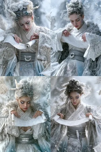 chinese bai ze knowledge beast female humanoid, young woman, shan hai jing mythical beast theme, front view half-body character design, cloud bun layered like clouds, two white jade short horns with tiny runes emerging from bun, scroll-shaped white jade hairpin, grey-white silk thread wrapped around bun like smoke, side hair floating upward like smoke, grey-blue and silver-white blended eye makeup with thin upward eyeliner, pale grey pupils cold as moonlight, pale pink lips slightly pressed, silver-white rune forehead ornament, faint silver scale pattern on cheeks extending from cheekbones to behind ears, both hands unrolling a white scroll in front, right hand holding top left hand supporting bottom, scroll covered in runes, slightly bent elbows leaning forward as if reading, head slightly lowered with focused gaze, grey-white cross-collar wide-sleeve robe with silver rune embroidery on collar, sleeve ends designed as wing shapes like bird wings, silver-grey silk waist belt with white jade scroll ring, robe gradient from grey-white to pale blue, skirt with bai ze diagram runes, silver-white semi-transparent shawl like mist, misty kunlun mountain background, floating rune light particles, scroll fragments, kunlun snow, grey white silver pale blue jade palette, cinematic, ethereal and wise beauty, ultra detailed