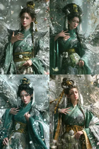 chinese ying zhao garden guardian female humanoid, young woman, shan hai jing mythical beast theme, front view half-body character design, double-ring wangxian high bun like spreading bird wings, pair of horse-ear-shaped white jade hairpins, tiger-striped silk ribbon wrapped around bun yellow-black, two white feather-like hair strands hidden in side hair like bird wings, hair ends braided like horse mane, emerald green and silver-white blended eye makeup with soft upward eyeliner, emerald green pupils clear as forest light, pale pink lips slightly smiling, flower forehead ornament, faint tiger stripes on cheeks extending from cheekbones to behind ears, slightly pointed ears like horse ears, right hand raised to chest fingers slightly spread as if holding a flower, left hand at side touching skirt, body slightly turned with gentle alert gaze, emerald green cross-collar wide-sleeve long robe with silver tiger and flower branch embroidery on collar, wide sleeves with slightly raised wing-like structure at shoulders like folded bird wings, tiger-striped wide belt yellow-black with white jade flower ring, skirt with garden and horse mane pattern, silver-white semi-transparent shawl like flower mist, heavenly garden flower sea background, floating flower petals, flower branches, butterflies, emerald green silver white tiger yellow-black pale pink palette, cinematic, gentle and beastly beauty, ultra detailed