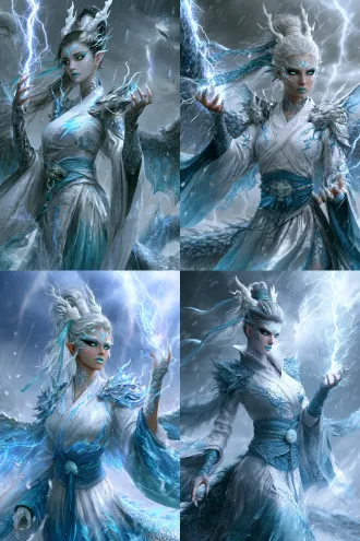 chinese ying long winged dragon female humanoid, young woman, shan hai jing mythical beast theme, front view half-body character design, high ponytail tied with cyan dragon scale hair ribbon, pair of dragon-horn-shaped white jade hairpins extending from both sides of bun, silver-white silk thread wrapped around bun like lightning, side hair close to face with lightning-like upward ends, slightly pointed ears like dragon ears, silver-white and cyan-blue blended eye makeup with thick black upward eyeliner like dragon eyes, cyan-gold vertical-slit pupils cold as lightning, pale cyan lips slightly pressed, lightning forehead ornament, faint silver dragon scale pattern on cheeks extending from cheekbones to neck, silver scale pattern on back of hands with sharp dragon-claw-like fingernails, right hand raised to shoulder side fingers spread as if releasing lightning with silver-blue electric glow at fingertips, left hand at side fingers slightly curled like dragon claws, body straight with chin slightly raised cold gaze, silver-white cross-collar narrow-sleeve battle robe with cyan-blue lightning and dragon scale embroidery on collar, silver-white dragon wing shaped shoulder armor, cyan-blue wide belt with cyan jade dragon ring, robe gradient from silver-white to cyan-blue, skirt with wind rain lightning pattern with dragon tail shaped train on one side, cuffs with cyan-blue thread edges, thunderstorm sky background, floating electric light, raindrops, cyan-blue dragon scale shadows, silver white cyan blue cyan gold jade palette, cinematic, cold and beastly beauty, ultra detailed