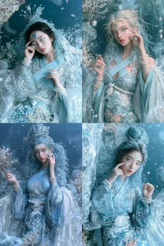 chinese jiao ren mermaid female humanoid, young woman, shan hai jing mythical beast theme, front view half-body character design, fish tail shaped high bun like spreading fish tail, pearl hairpin carved with fish shape, water-blue silk thread wrapped around bun with tiny pearls, side hair soft as seaweed close to face with forked ends like fish tail, water-blue and pearl-white blended eye makeup with soft upward eyeliner like fish tail, pale blue pupils with water shimmer, pale pink lips slightly open as if spitting pearls, pearl sheen on cheeks with tiny pearl tears under eyes, fish tail forehead ornament, faint fish scale pattern on cheeks and back of hands, rounded shell-like nails, right hand raised to cheek fingertips touching under eye as if wiping tears with a pearl, left hand at side fingers slightly curled like fish fin, head slightly tilted with tearful gentle gaze, water-blue cross-collar wide-sleeve long robe with silver fish scale embroidery on collar, wide sleeves like fish fins with pearl string cuffs, pearl waist belt with white jade fish ring, skirt trailing with south sea wave and coral pattern and fish tail shaped train on one side with clear scale texture, silver-white semi-transparent gauze outer robe like jellyfish, south sea underwater background, floating coral fragments, pearls, jellyfish light particles, water blue pearl white silver pale pink palette, cinematic, gentle and beastly beauty, ultra detailed