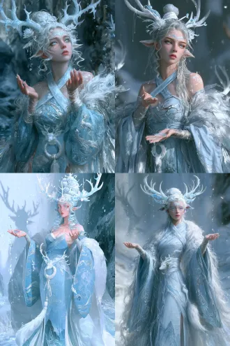 chinese fu zhu water deer female humanoid, young woman, shan hai jing mythical beast theme, front view half-body character design, cloud bun layered like clouds, four white deer-antler-shaped jade hairpins with water wave patterns emerging from bun, white jade lotus hairpin, white silk thread wrapped around bun like cloud and snow, side hair close to face with slightly curled ends like water waves, slightly pointed ears like deer ears, ice-blue and silver-white blended eye makeup with thin upward eyeliner like water waves, pale ice-blue pupils clear as water, pale pink lips slightly pressed, water wave forehead ornament, faint white deer spots on cheeks extending from cheekbones to behind ears, both hands brought together in front palms up as if holding water, fingers slightly curved with water drops at fingertips, slightly bent elbows leaning forward, head slightly raised with clear melancholic gaze, ice-blue cross-collar wide-sleeve long robe with silver water wave and deer embroidery on collar, silver thread cuffs, silver-white silk waist belt with white jade deer ring, skirt trailing with ao'an mountain and water wave pattern and deer tail shaped short train on one side, silver-white semi-transparent shawl like water mist, ao'an mountain stream background, floating water drops, deer antler shadows, water ripple light particles, ice blue silver white pale pink jade palette, cinematic, clear and beastly beauty, ultra detailed