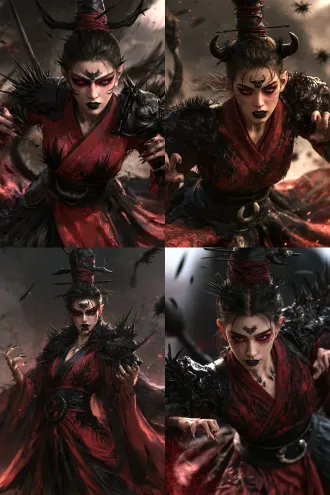 chinese qiongqi ox beast female humanoid, young woman, shan hai jing mythical beast theme, front view half-body character design, high cone bun tied with black leather, pair of ox-horn-shaped black jade hairpins extending from both sides of bun, dark red silk thread wrapped around bun like hedgehog quills, black short spikes inserted in bun, side hair close to face with spike-like upward ends, slightly pointed ears like beast ears, dark red and black blended eye makeup with thick black upward eyeliner like beast eyes, dark red vertical-slit pupils fierce as beast, dark black lips slightly parted revealing sharp teeth, black beast pattern forehead ornament, faint black spike pattern on cheeks extending from cheekbones to neck, both hands in beast claw pose in front fingers curved as if gripping with sharp beast-claw-like fingernails, wrists turned inward, body leaning forward with chin slightly raised fierce gaze, dark red cross-collar narrow-sleeve battle robe with black hedgehog quill embroidery on collar, black leather shoulder armor like beast back, black wide belt with black jade ox horn ring, robe gradient from dark red to black, skirt with western wasteland mountain pattern with ox tail shaped train on one side, cuffs with black leather edges, dark western wasteland background, floating black spikes, dark red beast pattern light particles, western wasteland dust, dark red black palette, cinematic, fierce and beastly beauty, ultra detailed