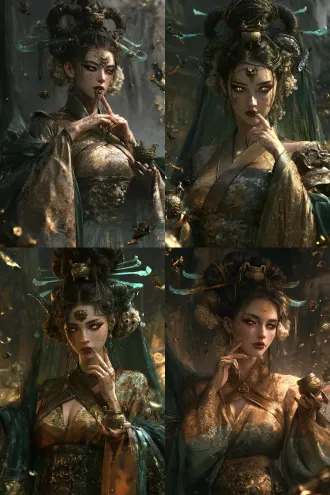 chinese taotie pao xiao beast female humanoid, young woman, shan hai jing mythical beast theme, front view half-body character design, double-ring wangxian high bun like sheep horns, pair of sheep-horn-shaped cyan jade hairpins curving outward from both sides of bun, bronze silk thread wrapped around bun, a small bronze ding with taotie pattern embedded in bun, side hair close to face with slightly curled ends like sheep wool, bronze and dark gold blended eye makeup with thick black upward eyeliner, dark gold vertical-slit pupils greedy and deep, dark red lips slightly open revealing sharp tiger teeth, taotie pattern forehead ornament, faint bronze pattern on cheeks extending from cheekbones to behind ears, bronze pattern on back of hands with sharp beast-claw-like fingernails, right hand raised to lips index finger touching lower lip as if eating, left hand at side palm holding a small bronze ding, body leaning forward with greedy gaze and slightly open mouth, bronze cross-collar wide-sleeve long robe with taotie and cloud thunder embroidery on collar, bronze thread cuffs, dark gold wide belt with bronze ding ring, robe gradient from bronze to dark green, faint beast face pattern on belly area, skirt with gouwu mountain pattern, dark green semi-transparent shawl, dim gouwu mountain background, floating bronze fragments, dark gold food light particles, cloud thunder pattern light particles, bronze dark gold dark green palette, cinematic, greedy and beastly beauty, ultra detailed
