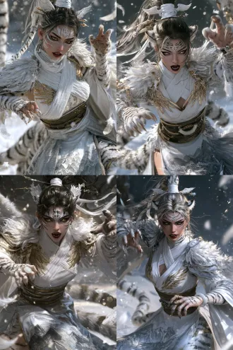 chinese qiongqi winged tiger female humanoid, young woman, shan hai jing mythical beast theme, front view half-body character design, high ponytail tied with white tiger stripe hair ribbon, pair of tiger-tooth-shaped white jade hairpins, white silk thread wrapped around bun, pair of small white wings on side of bun semi-transparent extending from both sides, side hair close to face with tiger-tail-like upward ends, slightly pointed ears like tiger ears, white and dark gold blended eye makeup with thick black upward eyeliner like tiger eyes, dark gold vertical-slit pupils fierce as tiger, dark red lips slightly parted revealing sharp tiger teeth, white tiger stripe forehead ornament, faint white tiger stripes on cheeks extending from cheekbones to neck, white tiger stripes on back of hands with sharp tiger-claw-like fingernails, right hand raised to shoulder side fingers spread like tiger claws, wrists turned inward, left hand at side fingers slightly curled like tiger claws, body leaning forward with chin slightly raised fierce gaze, white cross-collar narrow-sleeve battle robe with gold tiger stripe and wing embroidery on collar, white feather wing shaped shoulder armor, dark gold wide belt with white jade tiger tooth ring, robe gradient from white to silver-grey, skirt with northern wasteland mountain pattern with tiger tail shaped train on one side, cuffs with white leather edges, dim northern wasteland snow background, floating white tiger pattern light particles, white feathers, northern wasteland snow, white dark gold silver-grey palette, cinematic, fierce and beastly beauty, ultra detailed