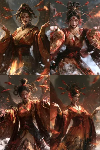 chinese di jiang dancing beast female humanoid, young woman, shan hai jing mythical beast theme, front view half-body character design, spirit snake hairstyle with three strands coiled like serpents, four red-gold feather-shaped hairpins spreading outward from bun in four directions, red-gold silk thread wrapped around bun, a round red jade in center of bun symbolizing facelessness, side hair close to face with slightly red ends like elixir fire, minimalist face makeup with no eyebrows no eyeliner only red-gold eyeshadow blending outward from eye sockets like burning elixir fire, red-gold pupils blazing like flames, dark red lips slightly pressed, circular faceless pattern forehead ornament, faint red-gold pattern on cheeks extending from cheekbones to behind ears, faint four-wing shadow behind her semi-transparent red-gold, both hands spread in front palms outward as if dancing, fingers slightly spread, four-wing shadow slightly spread behind her, body slightly turned with dancing posture, red-gold cross-collar wide-sleeve long robe with gold feather and hundun embroidery on collar, red-gold thread cuffs, dark red wide belt with red jade feather ring, robe gradient from red-gold to dark red, skirt with tianshan mountain pattern with six-foot shaped short train on one side, dark red semi-transparent shawl, dim tianshan mountain background, floating red-gold flame light particles, feather wing shadows, tianshan snow, red gold dark red palette, cinematic, dancing and beastly beauty, ultra detailed