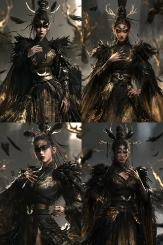 chinese gu diao horned eagle female humanoid, young woman, shan hai jing mythical beast theme, front view half-body character design, flying immortal triple-ring high bun, pair of deer-antler-shaped white jade hairpins curving outward from both sides of bun, three black eagle feathers in bun, black silk thread wrapped around bun, side hair close to face with eagle-feather-like upward ends, slightly pointed ears like eagle ears, black and dark gold blended eye makeup with thick black upward eyeliner like eagle eyes, dark gold vertical-slit pupils sharp as eagle, dark red lips slightly pressed, eagle feather forehead ornament, faint black feather pattern on cheeks extending from cheekbones to behind ears, black feather pattern on back of hands with sharp eagle-claw-like fingernails, right hand raised to chest fingers spread like eagle claws, wrists turned inward, left hand at side fingers slightly curled like eagle claws, body leaning forward with chin slightly raised sharp gaze, black cross-collar narrow-sleeve battle robe with gold eagle feather and deer antler embroidery on collar, black eagle feather shaped shoulder armor, dark gold wide belt with white jade deer antler ring, robe gradient from black to dark gold, skirt with luwu mountain pattern with eagle tail shaped train on one side, cuffs with black leather edges, dim luwu mountain mist background, floating black eagle feathers, dark gold deer antler shadows, luwu mountain mist, black dark gold palette, cinematic, sharp and beastly beauty, ultra detailed