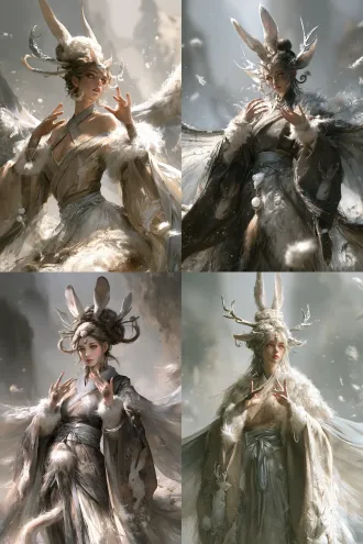 chinese er shu flying mouse female humanoid, young woman, shan hai jing mythical beast theme, front view half-body character design, cloud bun layered like clouds, pair of large rabbit-ear-shaped white jade hairpins standing upright from bun, pair of deer-ear-shaped silver jade hairpins curving outward from both sides of bun, soft grey-brown silk thread wrapped around bun like mouse fur, side hair close to face with slightly curled ends like mouse whiskers, soft grey-brown and pale amber blended eye makeup with round gentle eyeliner like rabbit eyes, pale amber pupils warm and alert, small pink lips with slight rabbit-tooth glimpse, rabbit nose and deer ear pattern forehead ornament, faint grey-brown fur texture on cheeks extending from cheekbones to behind ears, slender fingers like mouse paws, both hands raised to chest palms up as if sensing the wind, fingers slightly spread, body slightly leaning forward with gentle floating posture, grey-brown cross-collar wide-sleeve long robe with white rabbit fur and deer ear embroidery on collar, white rabbit fur cuffs, silver-grey wide belt with white jade mouse tail ring, robe gradient from grey-brown to pale white, skirt with danxun mountain and flying tail pattern with long flying tail shaped train trailing behind on one side like a gliding tail, semi-transparent grey-white shawl like gliding membrane, misty danxun mountain background, floating grey-brown fur light particles, rabbit ear shadows, danxun mountain mist, grey brown white pale amber palette, cinematic, gentle and beastly beauty, ultra detailed