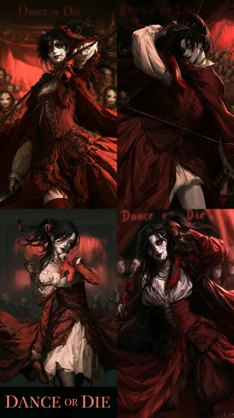 1. 红舞鞋审判官 正向提示词：杰作，最佳质量，8k，超精细完整插画；竖幅大腿以上裁切；人物头顶位于画面中线略下、约靠下二分之一处；eye-level shot, camera at character's eye height, straight-on view, neutral camera height, thigh-up crop, eyes level with camera；背景凸显人物：低饱和废弃剧院副本“舞停者死”，猩红幕布与无脸木偶观众席景深虚化、暗角压暗、轮廓光勾边；瓷白裂纹脸，猩红瞳孔，冷笑，左颊鞋跟划伤；发色：漆黑 / hair color: jet black；前发：湿发斜分紧贴，左额角一缕被断鞋跟别针固定，右鬓贴颊；后发：高盘辫冠，断鞋跟与锈钉穿插，后颈只留一小束散落黑发；黑红瘀伤眼影、泪痕红晕、干涸暗红漆唇；服饰主题呼应红舞鞋：白亚麻chemise内衬，猩红羊毛cotehardie系带紧身长衣，鞋带式交叉皮革束带从腰侧斜绑至胸下，铁荆棘短surcoat，深红羊毛mantle；皮革腰带上挂一只断跟红鞋与鞋跟银别针，裙摆裁至大腿中段；整体为12–15世纪西欧层叠长衣，不是芭蕾裙；手持藏刀片断跟红鞋与铁鞭；动作冲击：站姿躯干侧扭，肩线倾斜，铁鞭斜贯画面形成强对角线，红鞋在胸前前递，衣摆与发丝向一侧炸开，目光锁镜头，平视不仰拍。