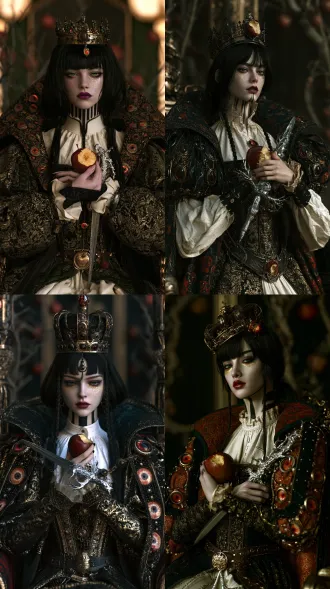 2. 毒苹果皇后 正向提示词：杰作，最佳质量，8k，超精细完整插画；竖幅大腿以上裁切；人物头顶位于画面中线略下、约靠下二分之一处；eye-level shot, camera at character's eye height, straight-on view, neutral camera height, thigh-up crop, eyes level with camera；背景凸显人物：低饱和镜厅果园副本“咬苹果者入梦”，镜墙与枯苹果树景深虚化、暗角压暗、轮廓光勾边；冷白高颧骨，黑紫唇角，傲慢疲惫，颈侧苹果核黑纹；发色：乌黑 / hair color: raven black；前发：厚重齐额直刘海，正中一撮微卷垂到鼻梁；后发：长直及腰，两侧各编一条细辫向后汇入低发髻，冠歪戴；毒紫唇、深绿眼影、金粉糖霜眼下；服饰主题呼应毒苹果与魔镜：白亚麻chemise，黑金锦缎houppelande高领外衣，苹果核纹surcoat，镜片镶嵌短mantle，羊毛内衬，苹果纹章皮革腰带，冠尖挂小毒果坠；黑金绿紫配色，裙摆至大腿中段；手持半咬毒苹果与苹果枝柄银匕首；动作冲击：端坐王座但躯干侧扭，肩线倾斜，苹果与匕首在胸前交叉成斜线，镜中倒影在侧后方伸手，衣摆垂坠拉出张力，目光锁镜头，平视。＋统一负面提示词。