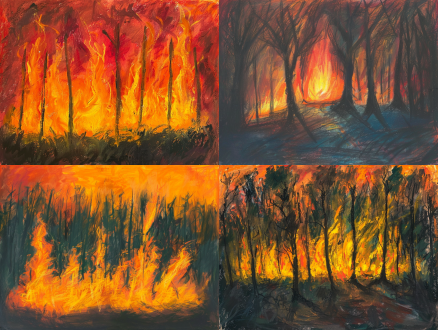 burning forests , illustration, expressionist style, oil pastel strokes, visible impasto texture, loose gestural drawing, sketchy energy