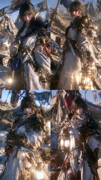 unreal engine 5.5, pbr texture, 3a game cinematic cg, semi-realistic oriental female wasteland healer, blackened old armor, pale gray healer robe, medicine bag on back, short knife and silver needle pouch on waist, holding an old lantern, standing full body in front of half-buried military camp, broken tents, cracked shields, old medical chest, tattered banners, cold sandstorm, front eye-level full body portrait, centered composition, flat positive framing, no wide-angle distortion, no dramatic low angle, stable framing, complete body visible, hyper-detailed skin, realistic aged metal and cloth, octane render, 8k