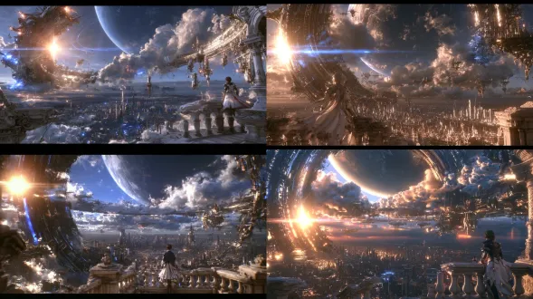 史诗科幻场景，巨大破损环形太空巨构建筑横亘天空，巨型行星悬于苍穹，云海翻涌，清晨金色逆光阳光从环结构左侧透出，镜头光晕，辽阔巨型未来都市，无数摩天大楼铺展至地平线，破碎悬浮建筑 残骸，云层缠绕巨型环带，一名男子背对镜头站在古老残破露台平台眺望远方，废墟古典石质建筑平台，宏大远景，极致壮阔宇宙景观，电影级光影，丁达尔光束，体积云，超写实3d渲染，虚幻引擎 5，octane渲染，8k，超高细节，广阔广角构图，氛围感苍凉震撼，赛博史诗，宏大科幻概念艺术，细腻材质纹理，大气透视，柔和明暗对比，宽画幅，电影黑边