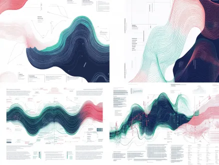 an avant-garde information visualization exhibition poster about human metabolic homeostasis and continuous glucose dynamics, master-level graphic design competition winner, milan design week and information is beautiful award aesthetic. the central hero visual (occupying 60% of the canvas) is a mesmerizing parametric 2d contour wave landscape, hundreds of ultra-fine 0.25pt flowing topographic vector lines mapping a 24-hour glycemic curve, where stable baselines glow in emerald mint and sharp glycemic spikes rise like dramatic ridges in coral crimson. in the surrounding asymmetric negative space, intricate monoline cellular receptor diagrams, deconstructed glut4 transport vectors, radial chronobiology gauges, and hairline measurement calipers. minimalist swiss international typographic style, flat 2d graphic design, subtle risograph paper texture, clean modular layout with translucent rectangular text placeholder bars and hairline callout networks. color palette: clean laboratory white background (#f8f9fa), deep navy blue (#0a2540), medical emerald (#10b981), and electric coral accents (#e63946). masterful negative space, vector precision, gallery exhibition board