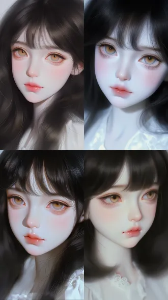朦胧感，非真人，高级cg晕染，bjd质感、油画质感、水彩插画风，艺术插画，莫奈油画感，超高清画质、非真人、伪厚涂、画质细腻、注重颗粒感和细节、大脸照、近距离人像、柔光、整体色调偏冷，冷白灰色调、皮肤通透，柔光肌理，层次通透，皮肤病态惨白、人物极致高清 镜头：冷白光打在脸上，阳光穿透发丝， 面容精致，冷白柔光皮肤，肌肤纹理细腻，皮肤细致有光泽， 标准圆润杏眼，眼型干净舒展、眼尾微微平收，自带温顺无辜感。瞳色是通透的浅茶琥珀色，瞳仁清亮水光十足，眼神柔软温顺、干净澄澈，没有攻击性。双眼皮是自然温柔的开扇型。 脸型鹅蛋脸。 头发：黑色自然柔顺长发，发质细软光亮、垂坠感极佳。 偏温柔侧分，发丝蓬松干净，额前少量柔和碎发修饰脸型，不凌乱。长发顺直垂落肩头，发丝通透有光泽，整体端庄温柔、清爽贵气（发丝精致，发丝柔亮顺滑，发丝自然蓬松，根根分明，微凌乱）， 衣服：奶杏色柔光缎面修身连衣裙 高质感哑光柔缎面料，自带细腻柔光，温柔显贵。 妆容：干净雾润、不假白，保留皮肤自然质感，细腻透亮。 眉：浅棕柔雾平眉，毛流感轻盈，线条柔和干净，不生硬，贴合原生骨相，温柔端庄。 眼妆：低饱和奶茶棕淡妆，眼皮细腻铺色，仅眼皮中央极细微珠光提亮。内眼线极细贴根部，眼尾自然收住不拉长。睫毛纤长卷翘、根根分明、轻盈干净。 卧蚕：淡淡浅粉阴影，饱满自然，温柔放大双眼。 腮红：低饱和奶杏色，轻扫面中苹果肌，气色粉嫩温柔。 唇妆：水光奶茶豆沙色，唇形饱满圆润，唇缘柔和虚化，干净温柔、显贵不艳俗。 配饰：超细珍珠碎钻锁骨链，小巧水滴珍珠耳钉，纤细银色素圈细戒指 细腻白皙纤长手指，美甲是粉白水光纯色，干净温柔（不要有违背人体结构的，人一只手只有五根手指头） 动作：脊背舒展，头部微侧，浅浅浅笑，半垂眼眸，手轻搭锁骨，另一只手置于腰侧，娴静优雅，肢体放松柔和 背景：私家花园，翠绿草坪，白玫瑰洋桔梗花丛，石板小路，午后柔和日光，树叶斑驳光影，远处欧式建筑，浅景深，背景虚化