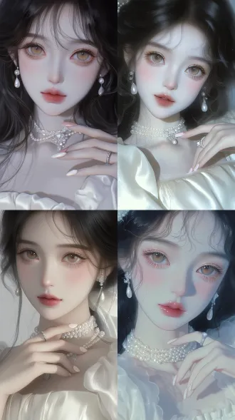 朦胧感，非真人，高级cg晕染，伪bjd质感（非bjd）、油画质感、水彩插画风，艺术插画，莫奈油画感，超高清画质、非真人、伪厚涂、画质细腻、注重颗粒感和细节、腿部以上半身像（非大脸照）、近距离人像、柔光、整体色调偏冷，冷白灰色调、皮肤通透，柔光肌理，层次通透，皮肤病态惨白、人物极致高清 镜头：冷白光打在脸上，阳光穿透发丝， 标准圆润杏眼，自带温顺无辜感。瞳色是通透的浅茶琥珀色。双眼皮是自然温柔的开扇型。 脸型鹅蛋脸。 头发：黑色自然柔顺长发（发丝精致，发丝柔亮顺滑，发丝自然蓬松，根根分明，微凌乱）， 衣服：奶杏色柔光缎面修身连衣裙 高质感哑光柔缎面料，自带细腻柔光，温柔显贵，褶皱自然。 妆容：浅棕柔雾平眉，毛流感轻盈，线条柔和干净。 眼妆：低饱和奶茶棕淡妆，眼皮细腻铺色，仅眼皮中央极细微珠光提亮。内眼线极细贴根部，眼尾自然收住不拉长。睫毛纤长卷翘、根根分明、轻盈干净。 卧蚕：淡淡浅粉阴影，饱满自然，温柔放大双眼。 腮红：低饱和奶杏色，轻扫面中苹果肌。 唇妆：水光奶茶豆沙色，唇形饱满圆润，唇缘柔和虚化，干净温柔、显贵不艳俗。 配饰：超细珍珠碎钻锁骨链，小巧水滴珍珠耳钉，纤细银色素圈细戒指 细腻白皙纤长手指，美甲是粉白水光纯色，干净温柔（不要有违背人体结构的，人一只手只有五根手指头） 动作：一只手放在锁骨位置，一只手自然搭落 背景：私家花园，翠绿草坪，白玫瑰洋桔梗花丛，石板小路，午后柔和日光，树叶斑驳光影，远处欧式建筑，浅景深，背景虚化