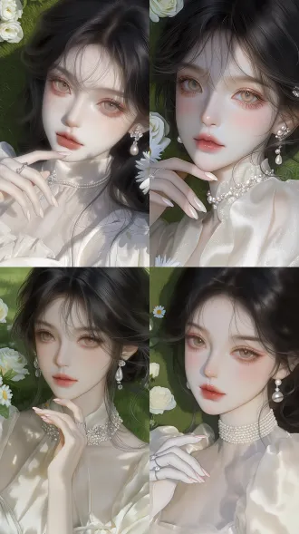 朦胧感，非真人，高级cg晕染，伪bjd质感（非bjd）、油画质感、水彩插画风，艺术插画，莫奈油画感，超高清画质、非真人、伪厚涂、画质细腻、注重颗粒感和细节、腿部以上半身像（非大脸照）、近距离人像、柔光、整体色调偏冷，冷白灰色调、皮肤通透，柔光肌理，层次通透，皮肤病态惨白、人物极致高清 镜头：冷白光打在脸上，阳光穿透发丝， 标准圆润杏眼，自带温顺无辜感。瞳色是通透的浅茶琥珀色。双眼皮是自然温柔的开扇型。 脸型鹅蛋脸。 头发：黑色自然柔顺长发（发丝精致，发丝柔亮顺滑，发丝自然蓬松，根根分明，微凌乱）， 衣服：奶杏色柔光缎面修身连衣裙 高质感哑光柔缎面料，自带细腻柔光，温柔显贵，褶皱自然。 妆容：浅棕柔雾平眉，毛流感轻盈，线条柔和干净。 眼妆：低饱和奶茶棕淡妆，眼皮细腻铺色，仅眼皮中央极细微珠光提亮。内眼线极细贴根部，眼尾自然收住不拉长。睫毛纤长卷翘、根根分明、轻盈干净。 卧蚕：淡淡浅粉阴影，饱满自然，温柔放大双眼。 腮红：低饱和奶杏色，轻扫面中苹果肌。 唇妆：水光奶茶豆沙色，薄唇形饱满圆润，唇缘柔和虚化，干净温柔、显贵不艳俗。 配饰：超细珍珠碎钻锁骨链，小巧水滴珍珠耳钉，纤细银色素圈细戒指 细腻白皙纤长手指，美甲是粉白水光纯色，干净温柔（不要有违背人体结构的，人一只手只有五根手指头） 动作：随意 背景：私家花园，翠绿草坪，白玫瑰洋桔梗花丛，石板小路，午后柔和日光，树叶斑驳光影，远处欧式建筑，浅景深，背景虚化